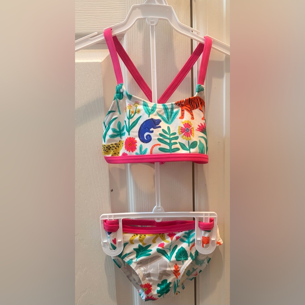 Mini Boden Girls White Floral & Animal Print Two-Piece Swimsuit with Pink Trim